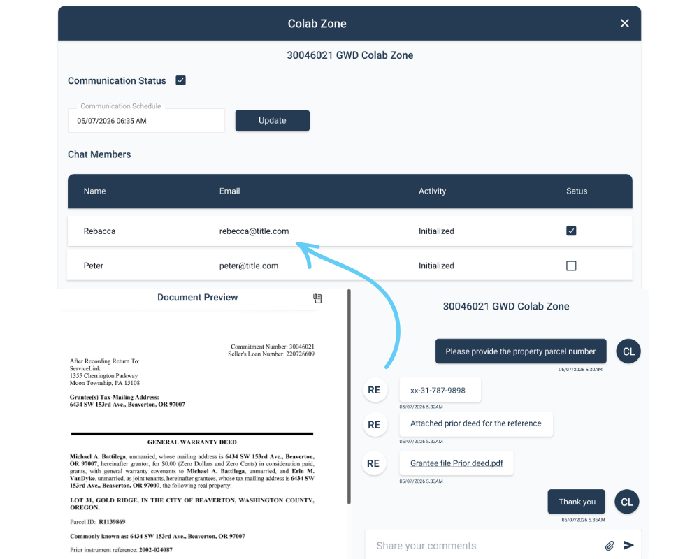 Colab zone interface showing deed preview, supporting documents section, and collaboration comments for real estate transaction management
