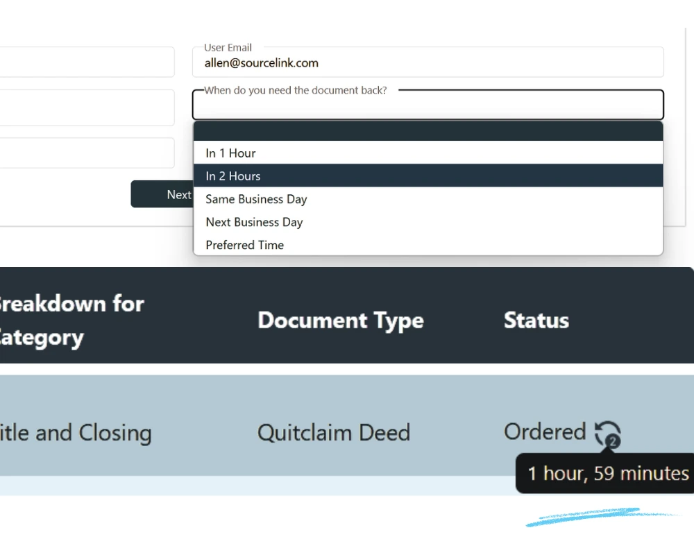 Document delivery scheduling dropdown showing flexible time options from 1 hour to preferred time for real estate documents
