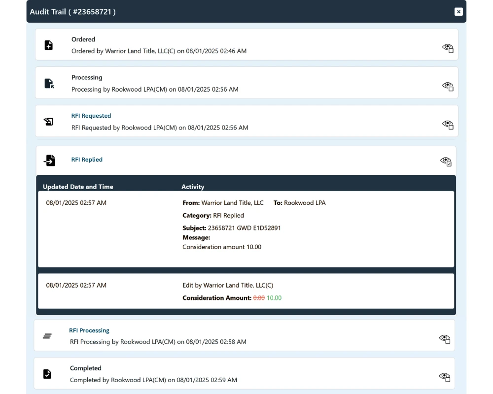 Real estate document audit trail interface displaying order timeline, status updates, and user activity tracking in real-time