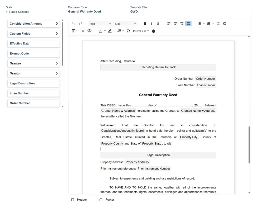 Real estate document template builder interface showing customizable legal document templates for attorneys and title agents