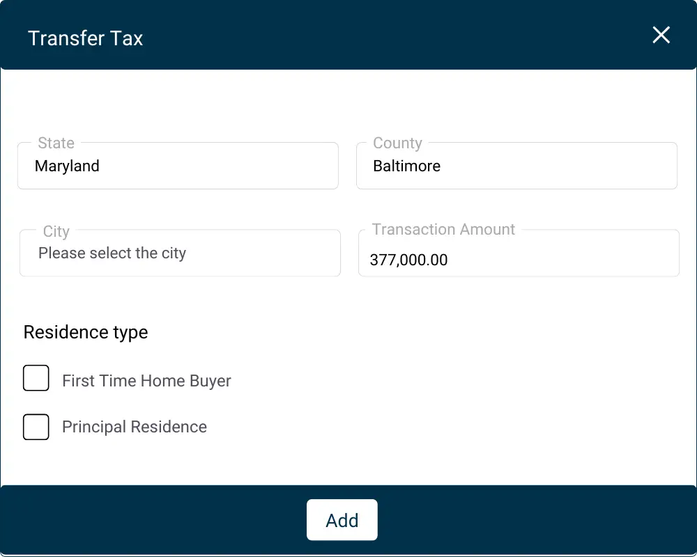 Real estate transfer tax calculator interface showing tax computation for property transactions 